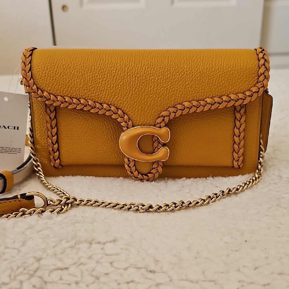 Coach Yellow Leather Clutch with Braided Trim and C Clasp, NWT